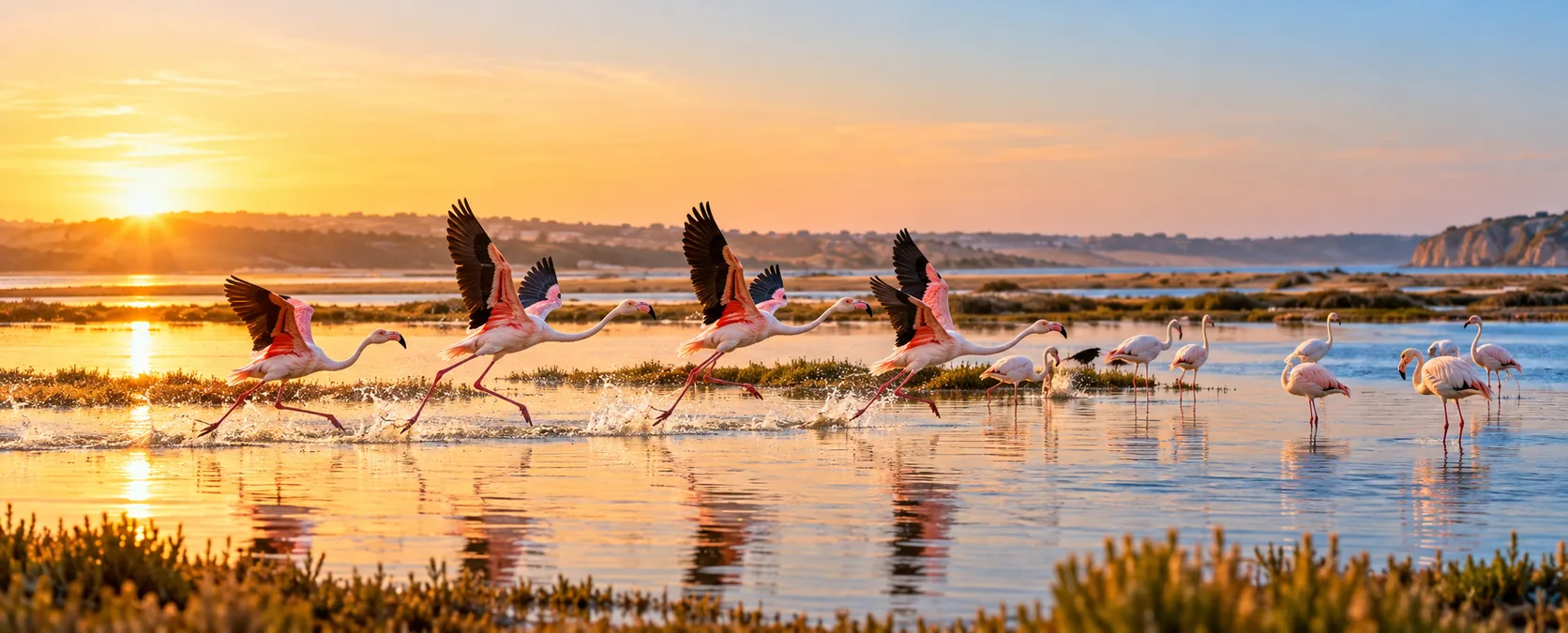 Flamingos taking off over the Ria de Alvor lagoon at sunset