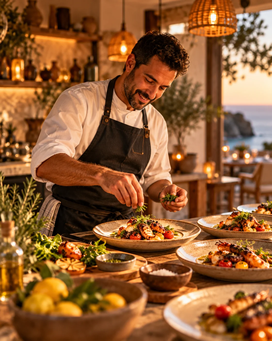 A chef plating a Portuguese dinner on the terrace