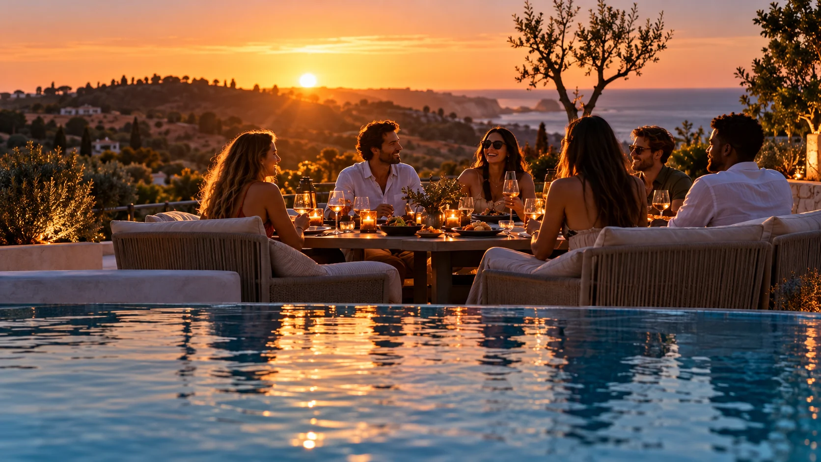 Dinner above the sea at sunset