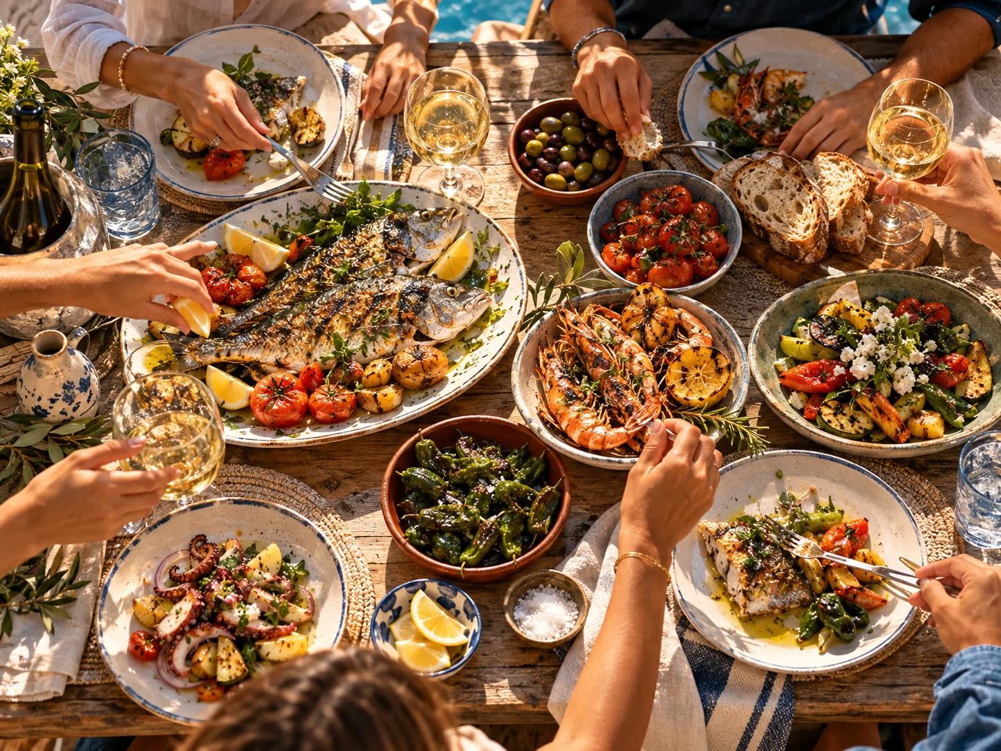 A shared table of seafood and wine