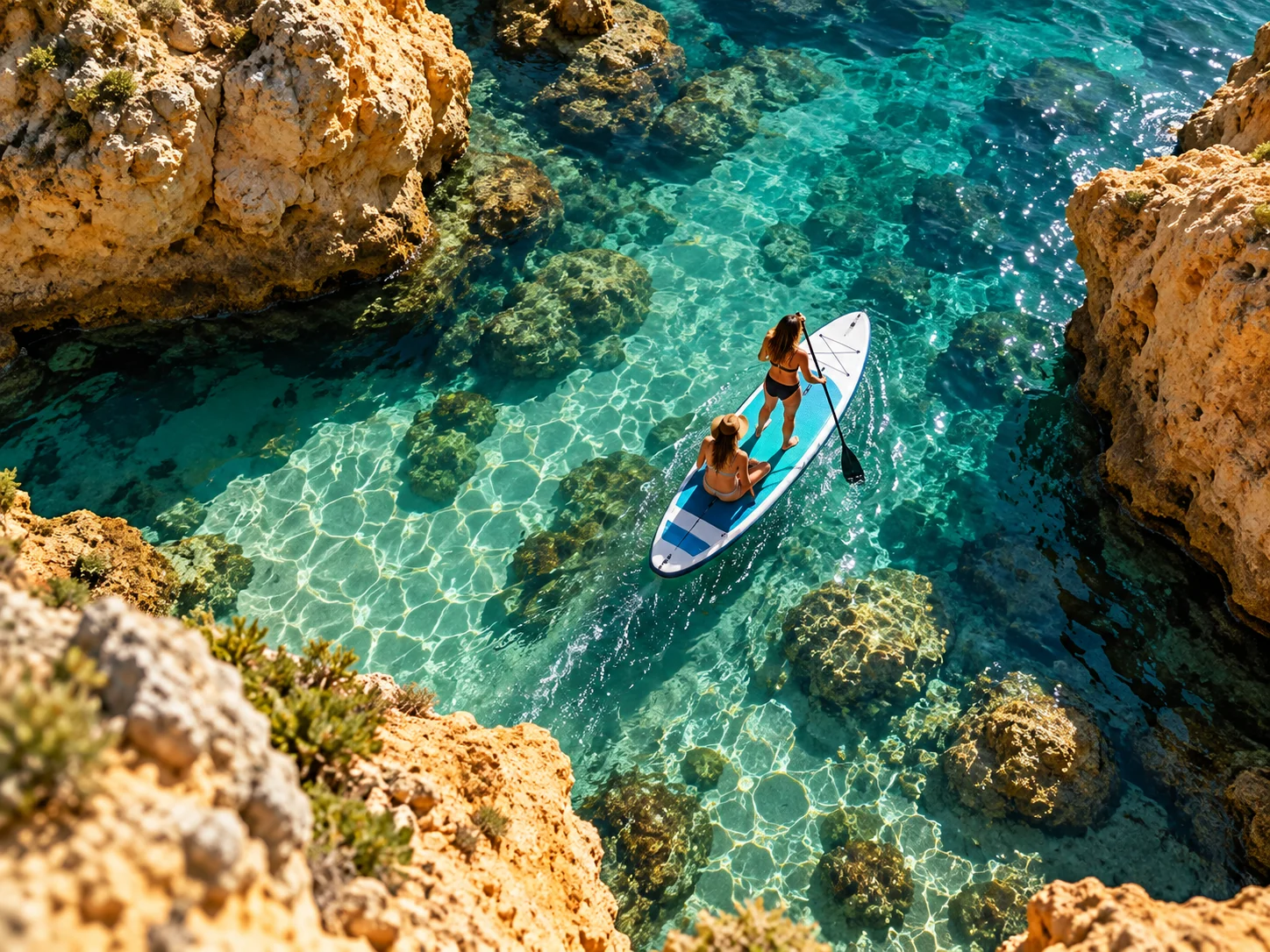 A paddleboarder in clear green water between the cliffs near Lagos