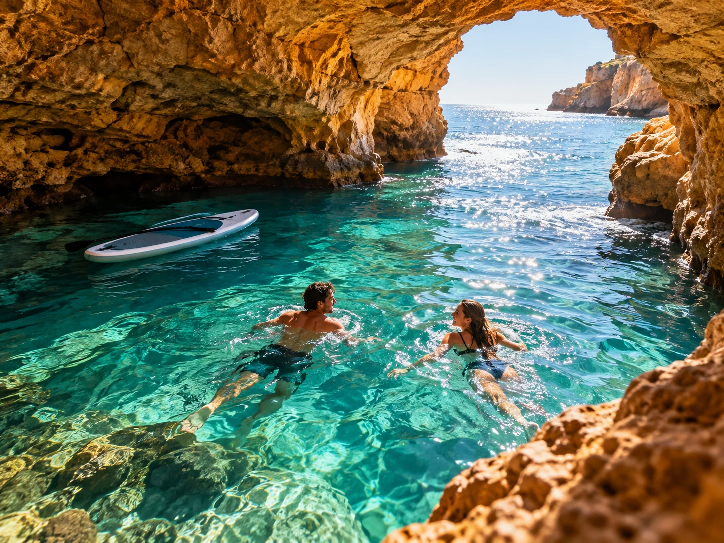 Swimmers in a sea cave near Lagos