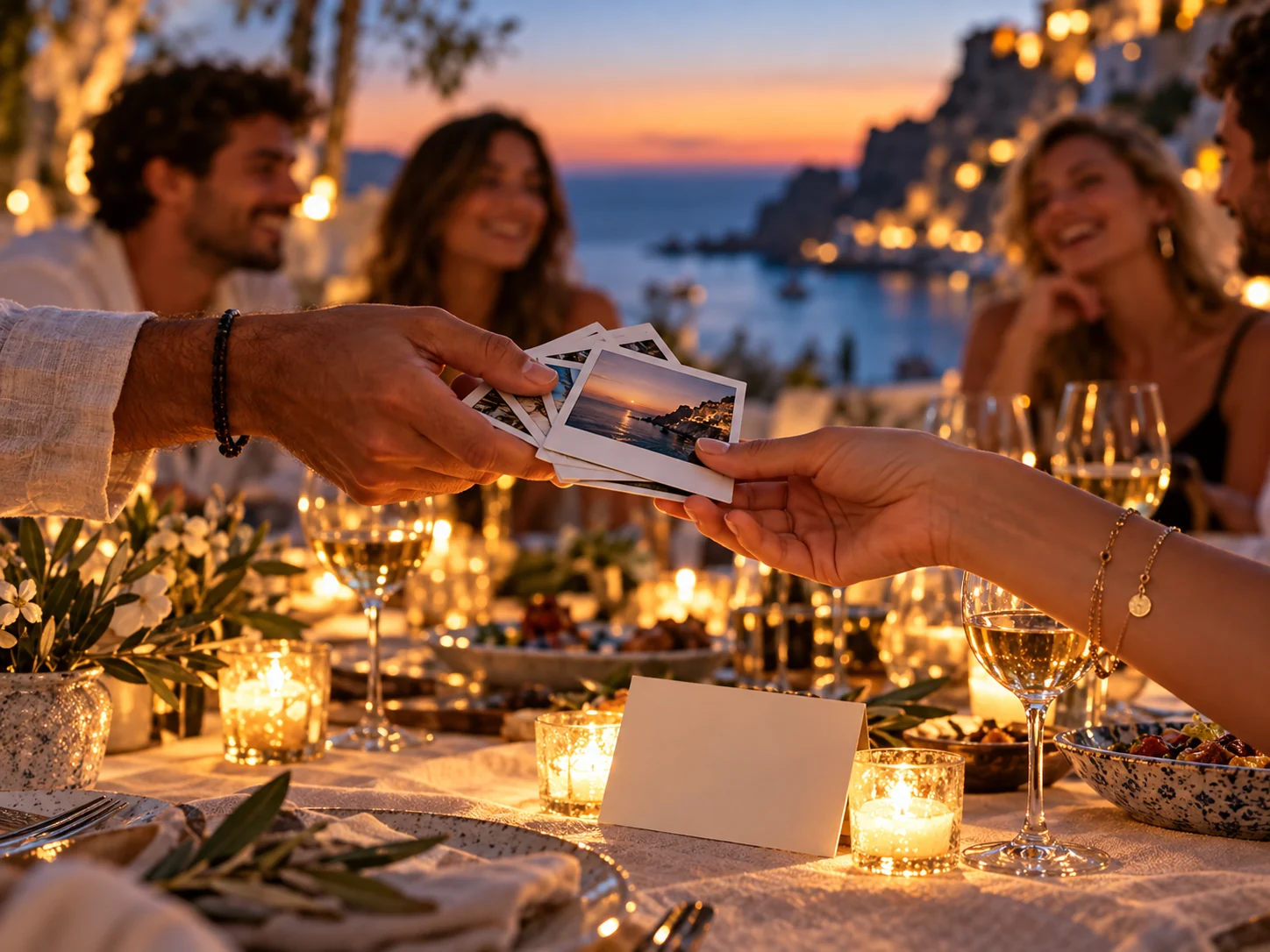 Friends sharing photos at a candlelit final dinner above the sea