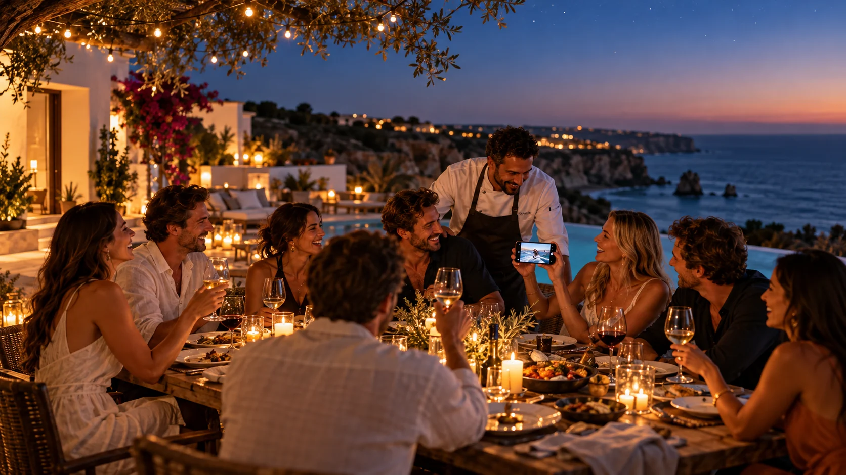Friends at a candlelit table on a villa terrace above the Lagos coast at dusk