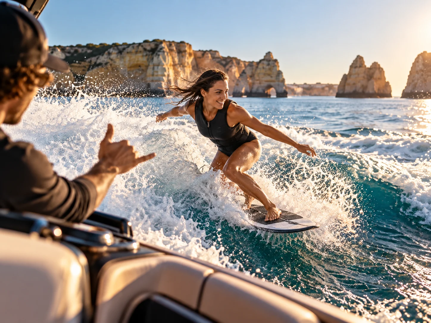 A wakesurfer riding behind the boat below the Lagos cliffs, coached from the boat