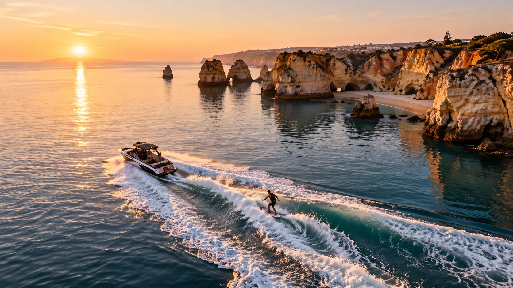 The boat crossing the bay at sunrise below the cliffs