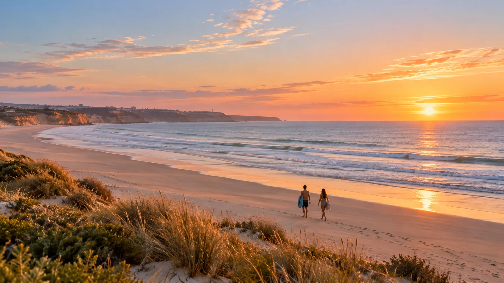 A quiet beach below golden cliffs at sunset near Lagos
