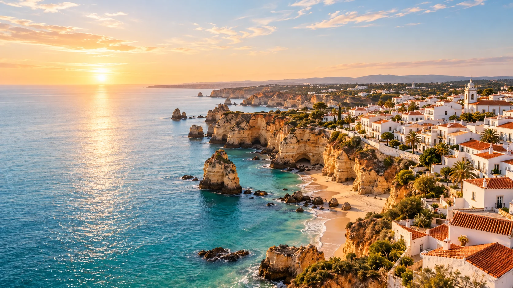 The cliffs and sea stacks of Lagos at sunrise