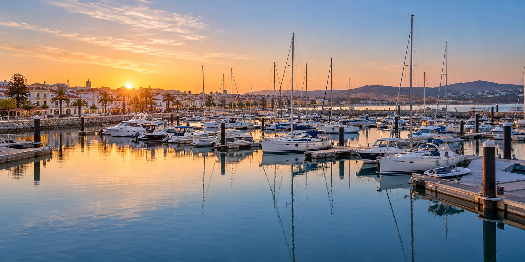 Sailboats and motor boats in the Lagos marina at sunset