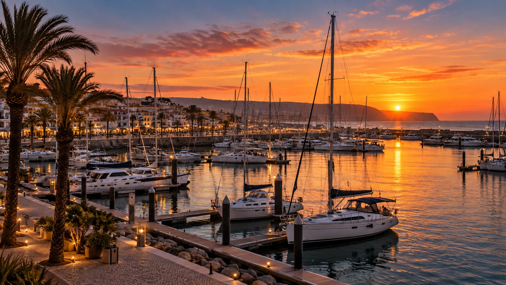 The palm-lined marina promenade in Lagos at sunset