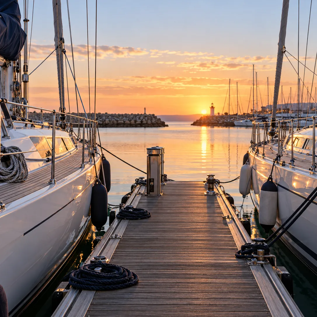 A marina pontoon between two yachts leading to the lighthouse at Lagos at sunset
