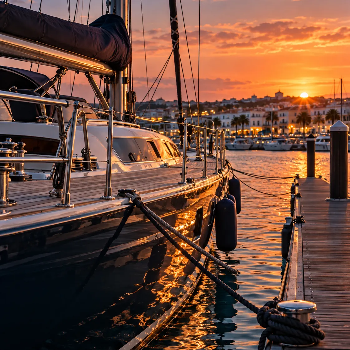 A yacht moored at the Lagos marina dock at sunset