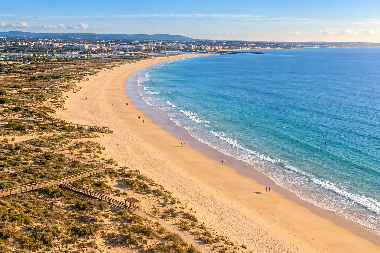 Meia Praia from above, a long curve of sand