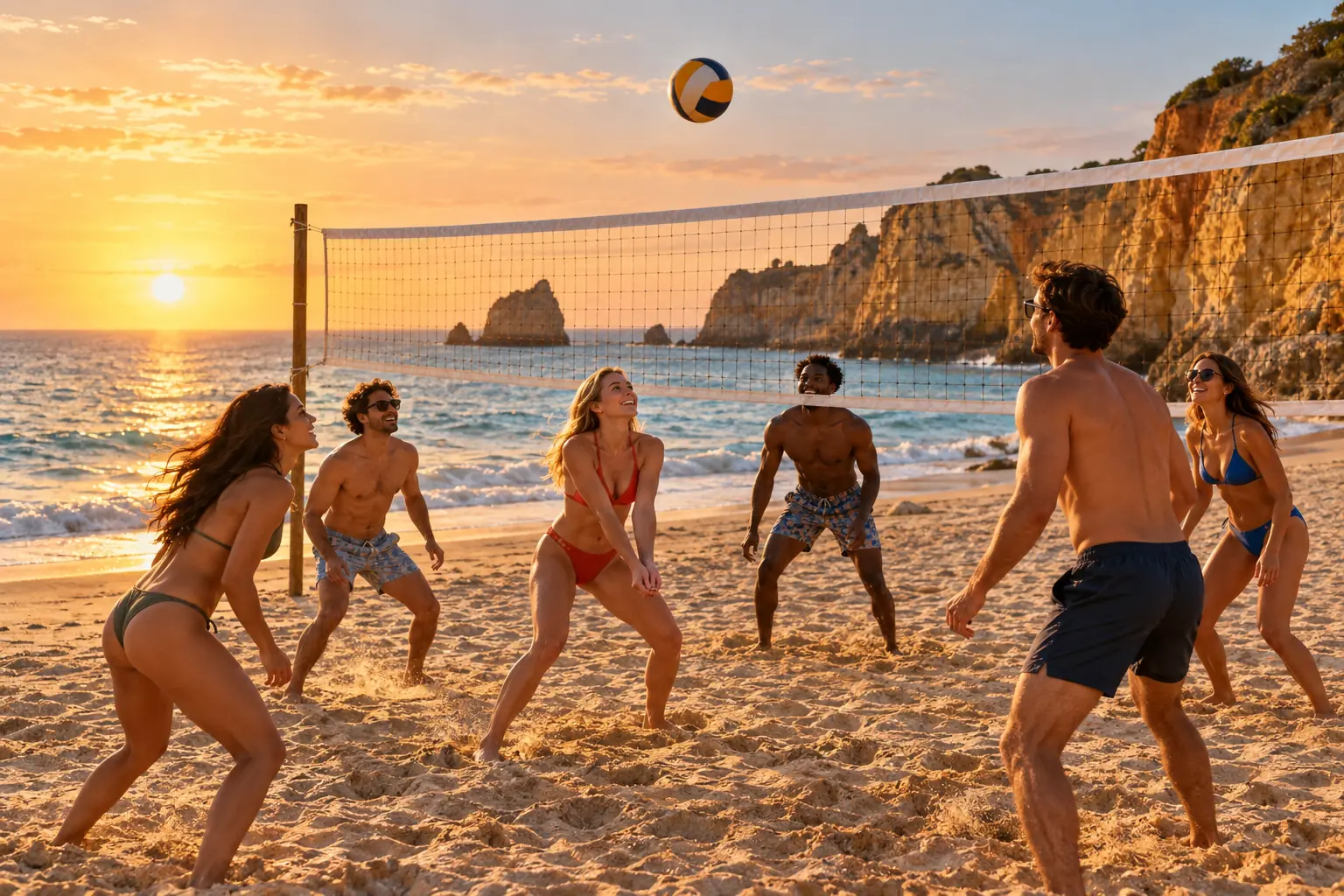 Volleyball players on a Lagos beach at sunset