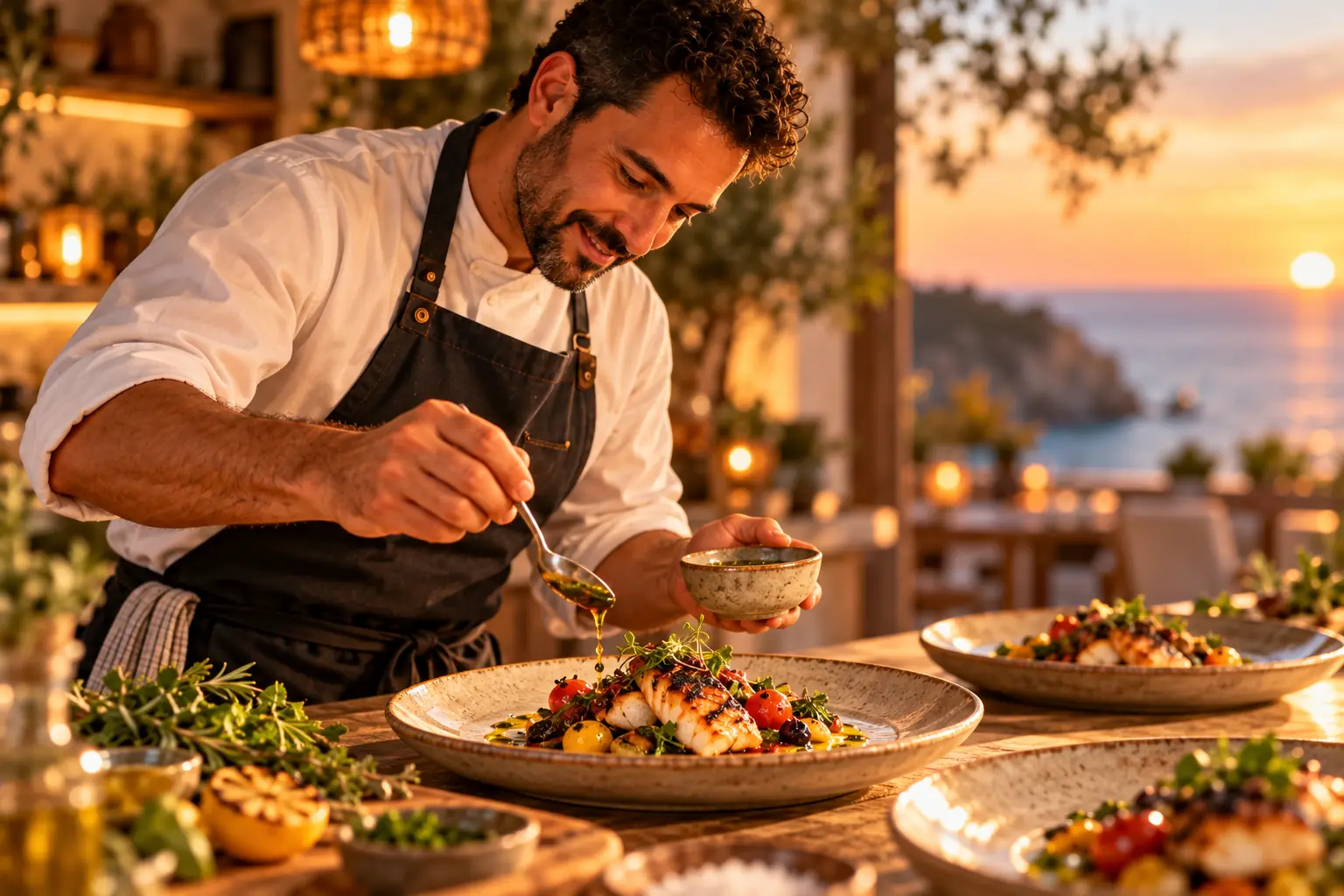 The chef spooning sauce over a plate on the sunset terrace