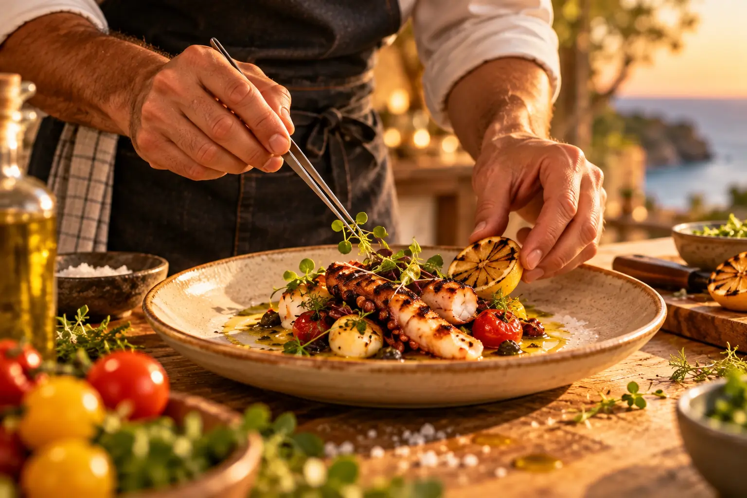 Hands plating grilled fish with tweezers