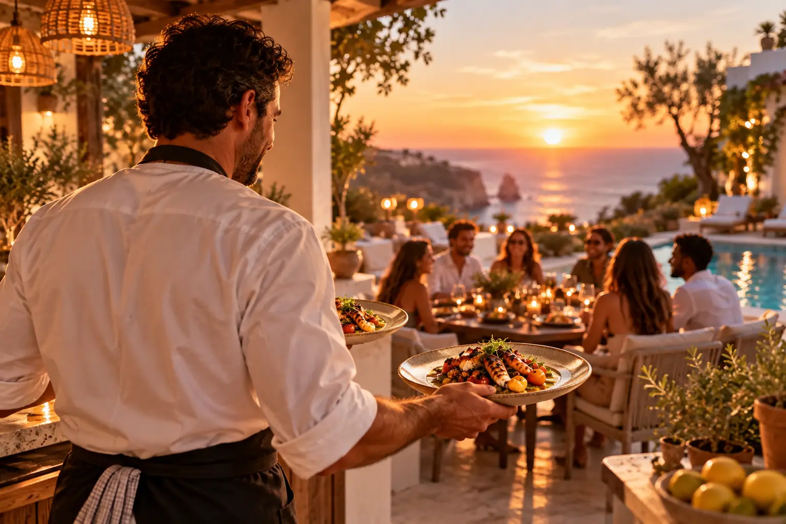 The chef at work with a dinner party gathered by the pool behind