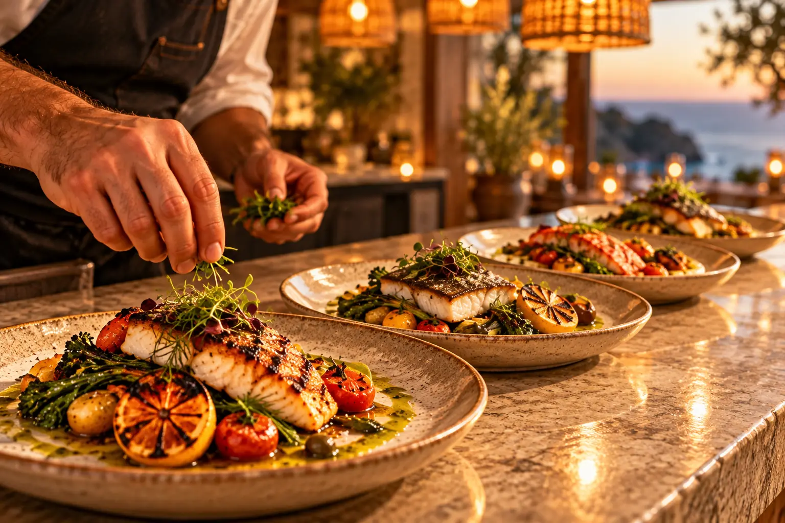 Hands plating fish on the kitchen counter