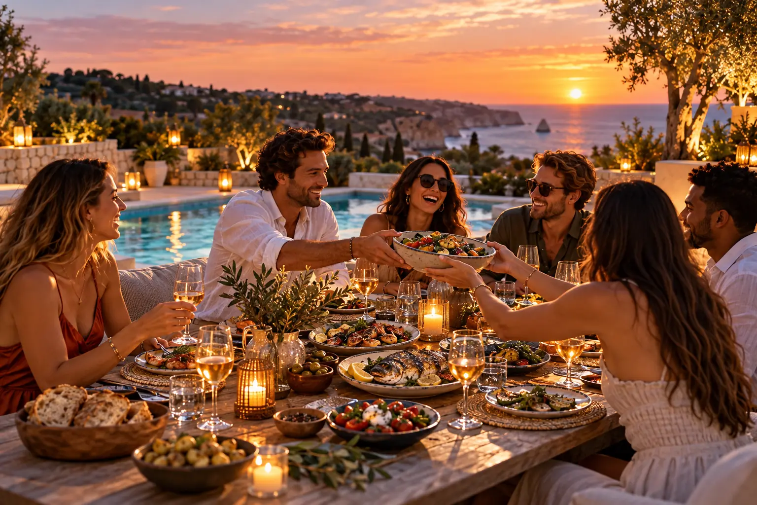 Friends at a dinner table by the pool, passing a dish