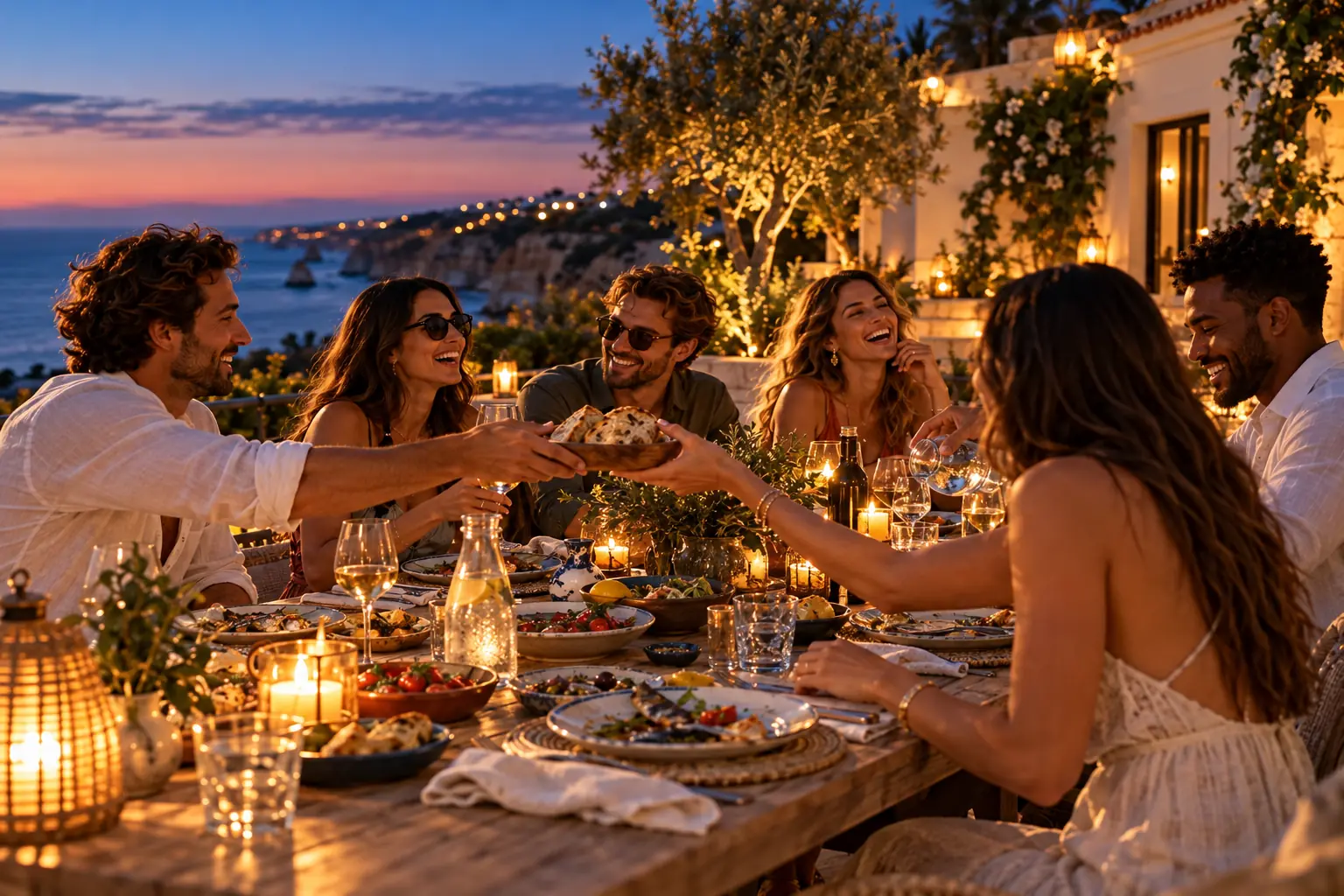 Friends sharing a long dinner table by the sea at dusk