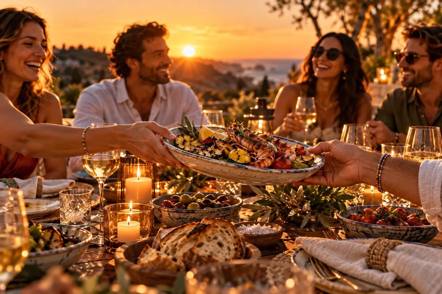 A candlelit table with plates being passed