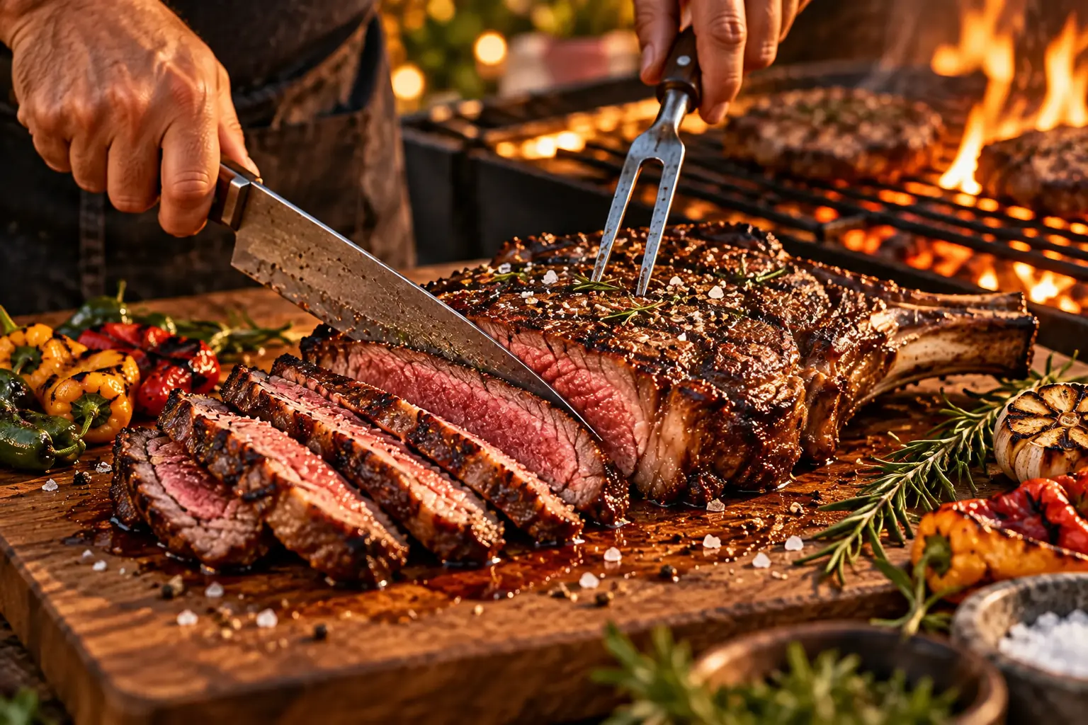 Steak being carved at the grill
