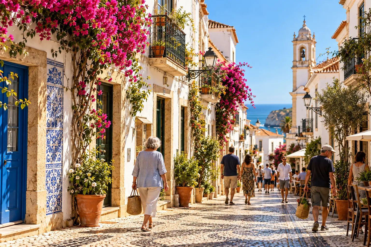 A Lagos street with bougainvillea and azulejo tiles