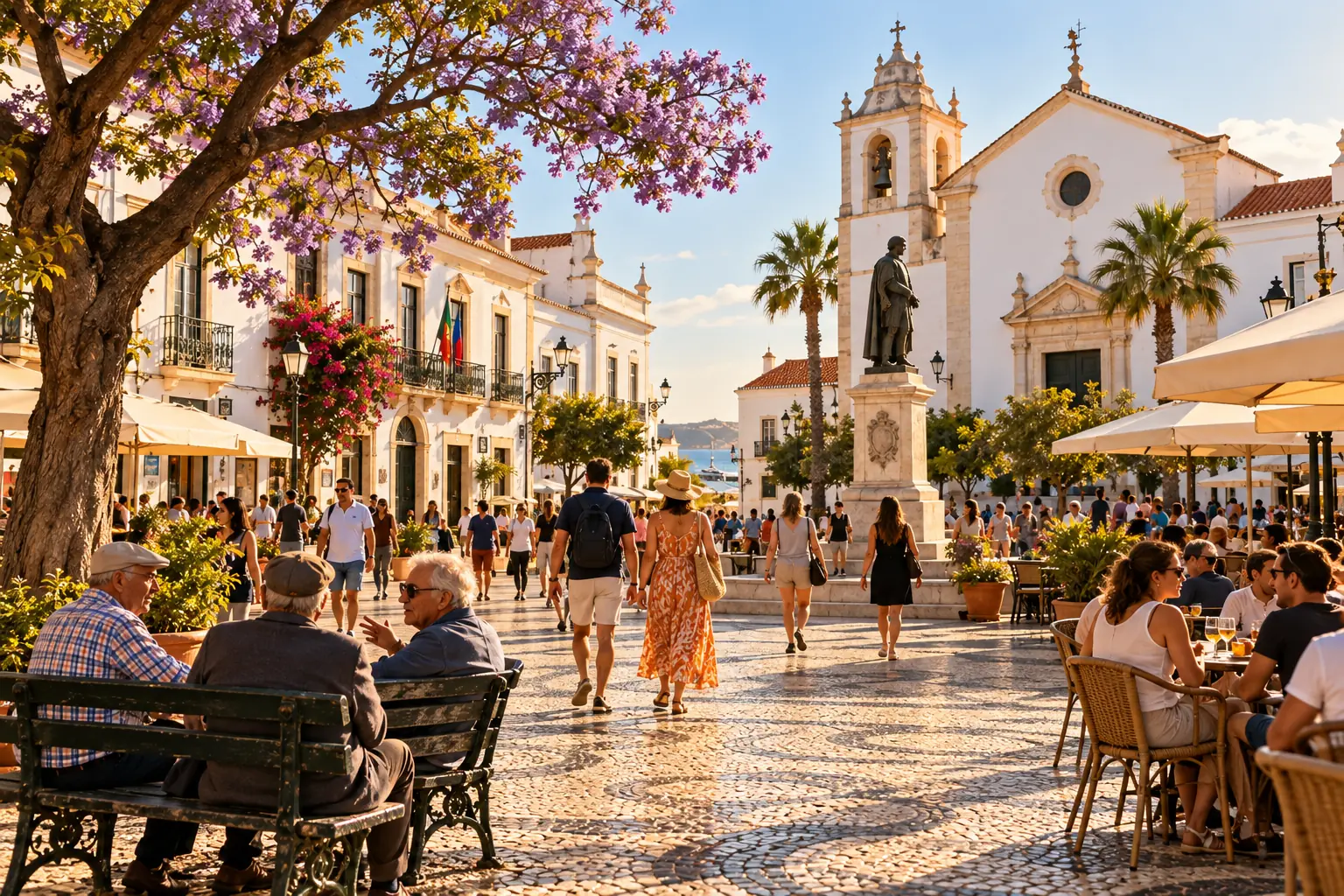 A Lagos square with a statue, a church and a café terrace