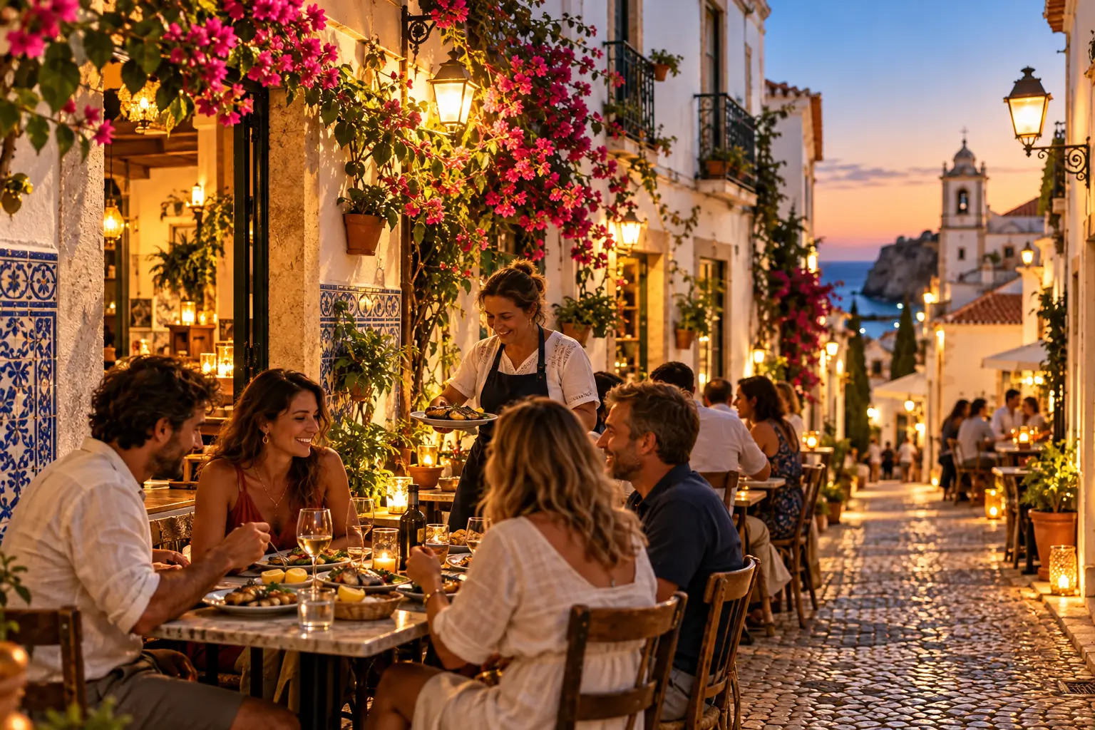 Dinner tables set on the cobbles of a Lagos old-town street at dusk