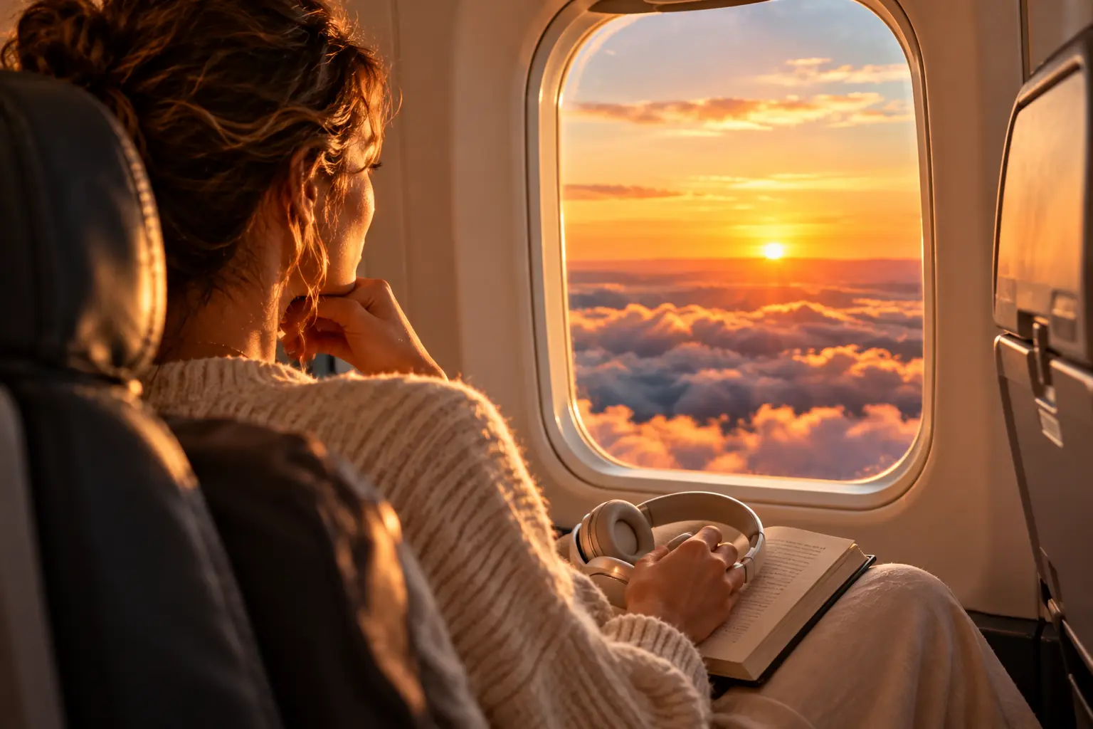 A traveler at a plane window watching the sunrise over the clouds