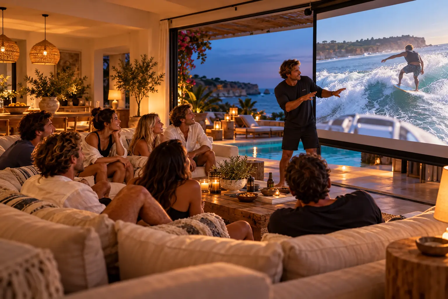Guests and their coach watching a wake clip on the screen in the villa living room