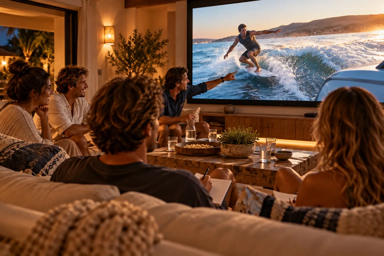 Guests watching the morning’s session together on the villa screen