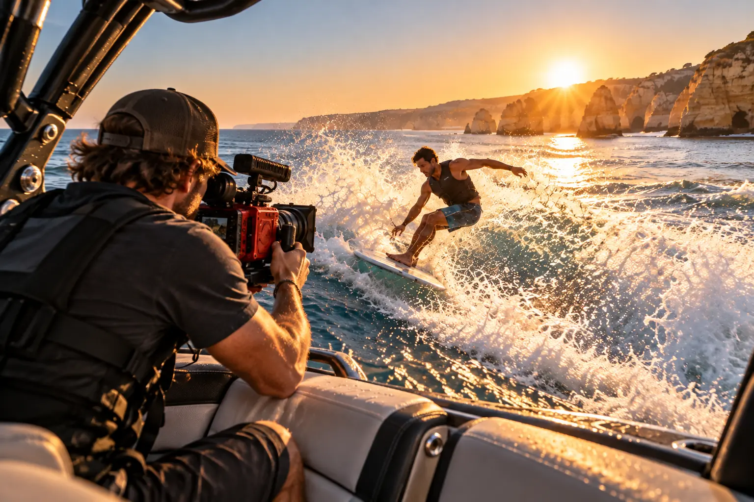 A camera operator filming a rider from the boat