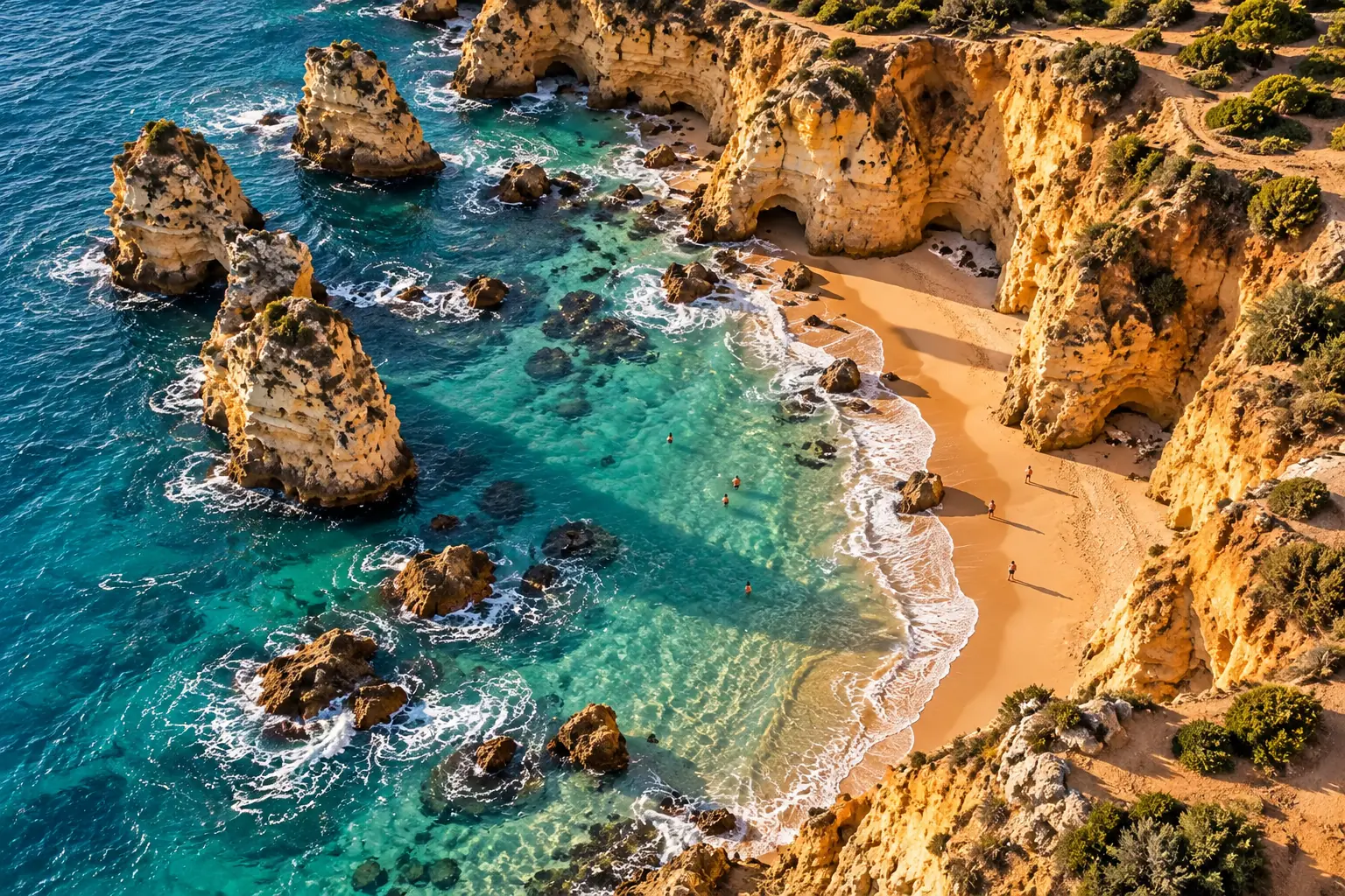 Turquoise coves and sea stacks at Ponta da Piedade, seen from above