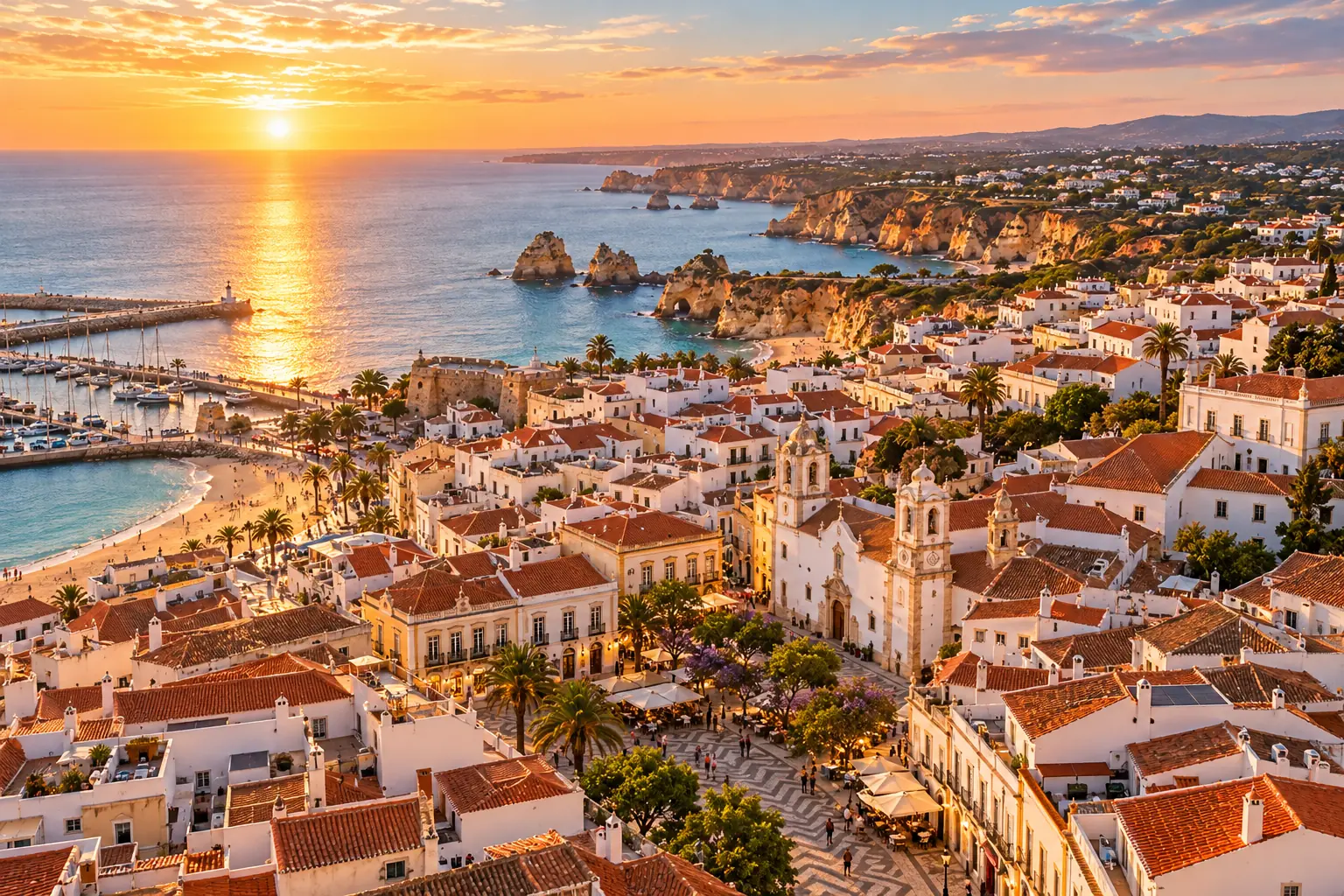 Lagos old town and its church from above at sunset