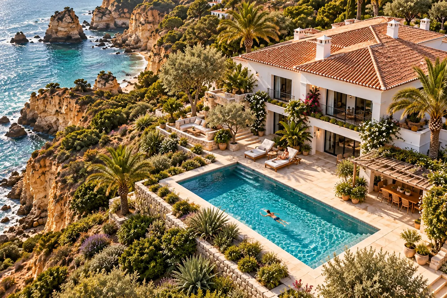 The villa pool on the cliff from above, with a swimmer in the water
