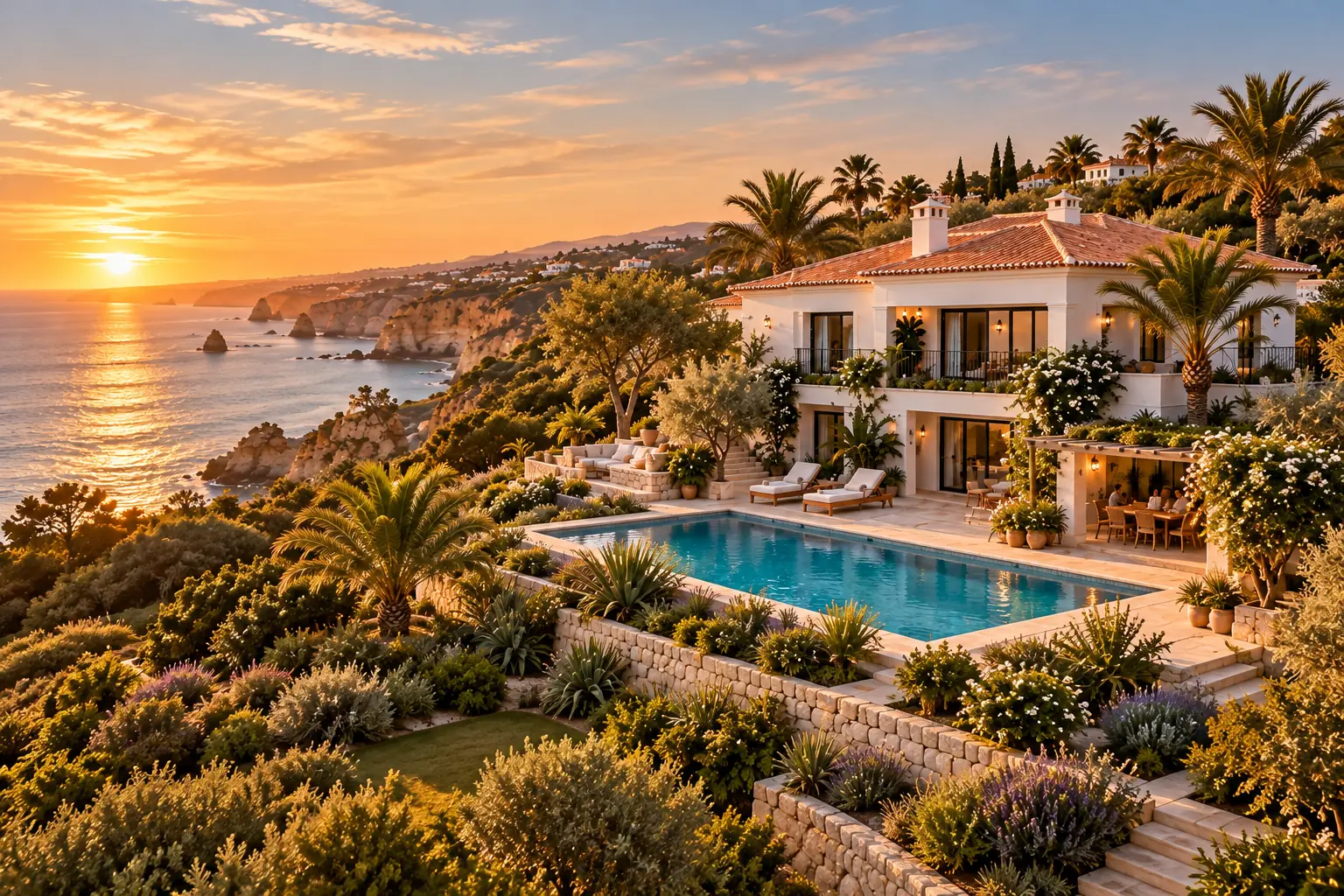 The villa pool at sunset, seen from above
