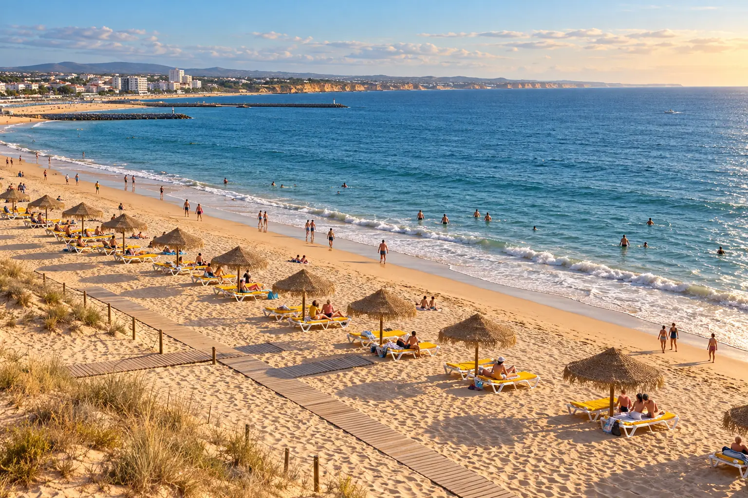 Straw beach umbrellas along a long beach, seen from above