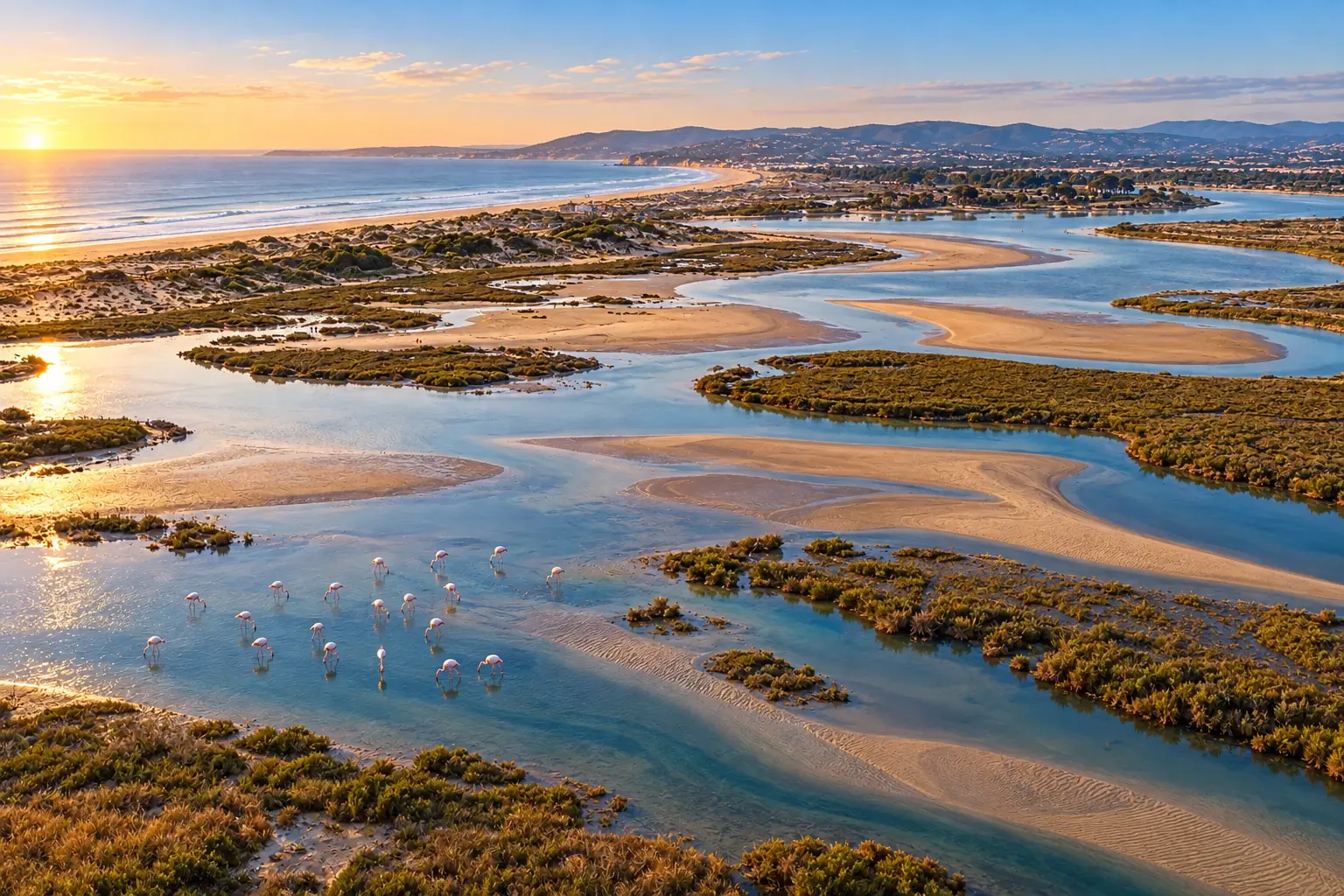 A lagoon near Faro seen from above at dusk, with a few flamingos in the shallows