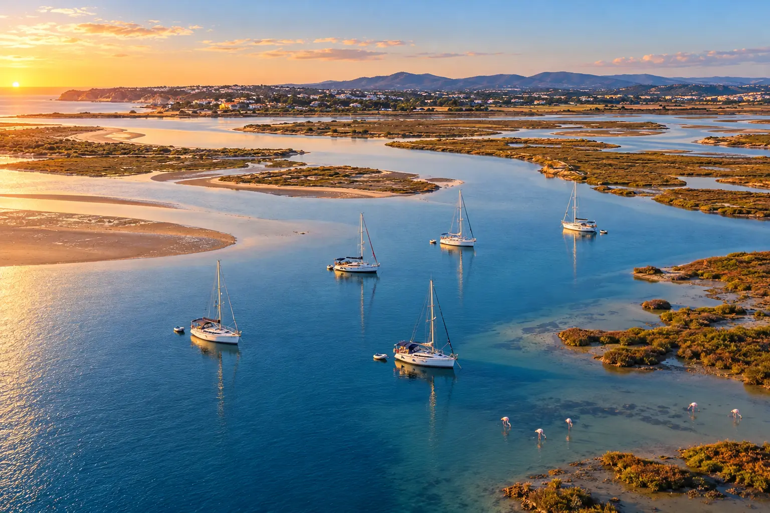 Sailboats at anchor in the Ria Formosa lagoon near Faro, seen from above