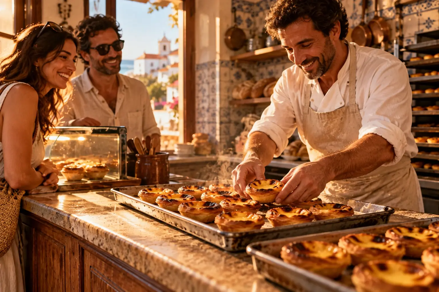 A baker serving pastéis de nata to two guests in a Lagos pastry shop