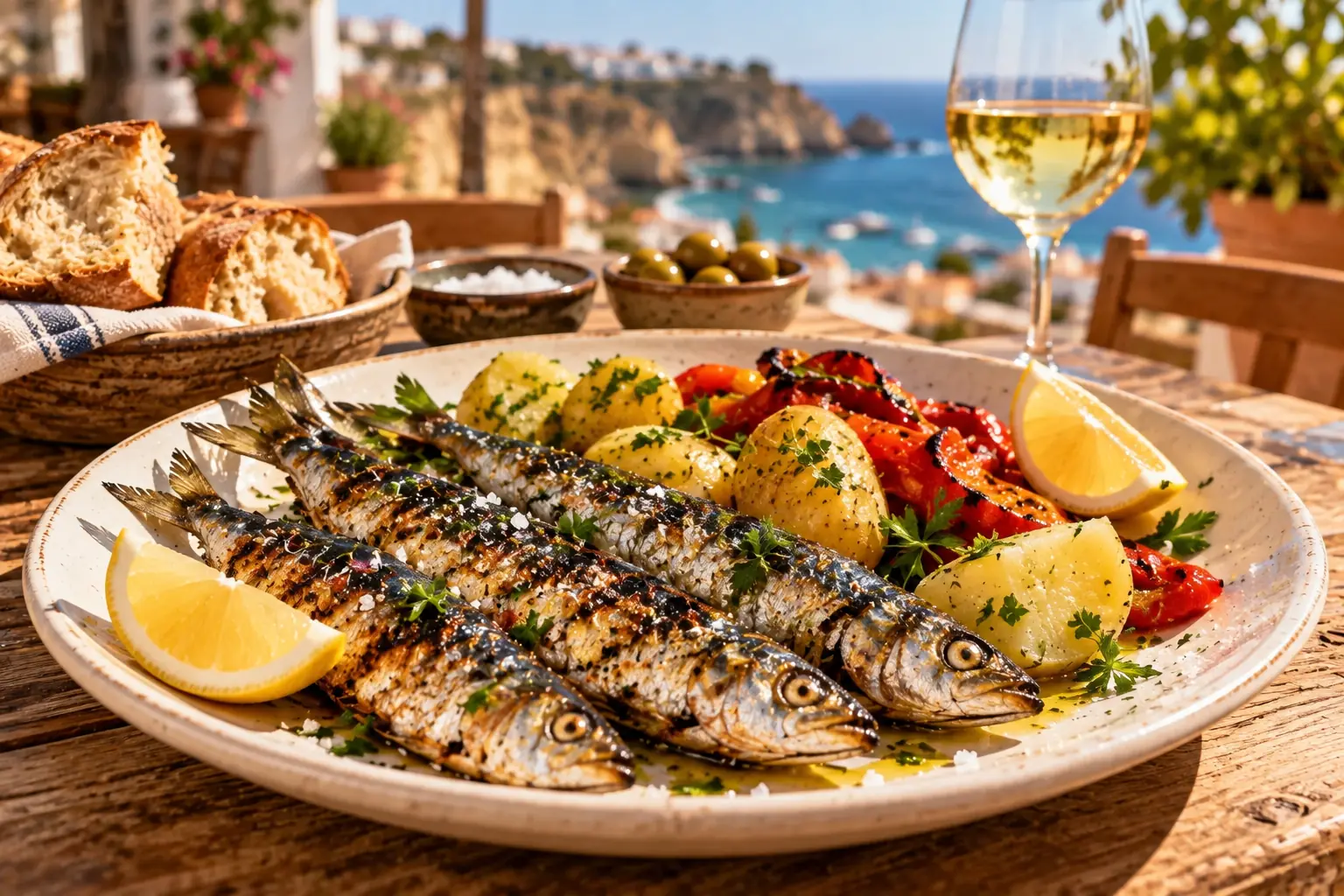 Grilled sardines on a plate with the sea behind