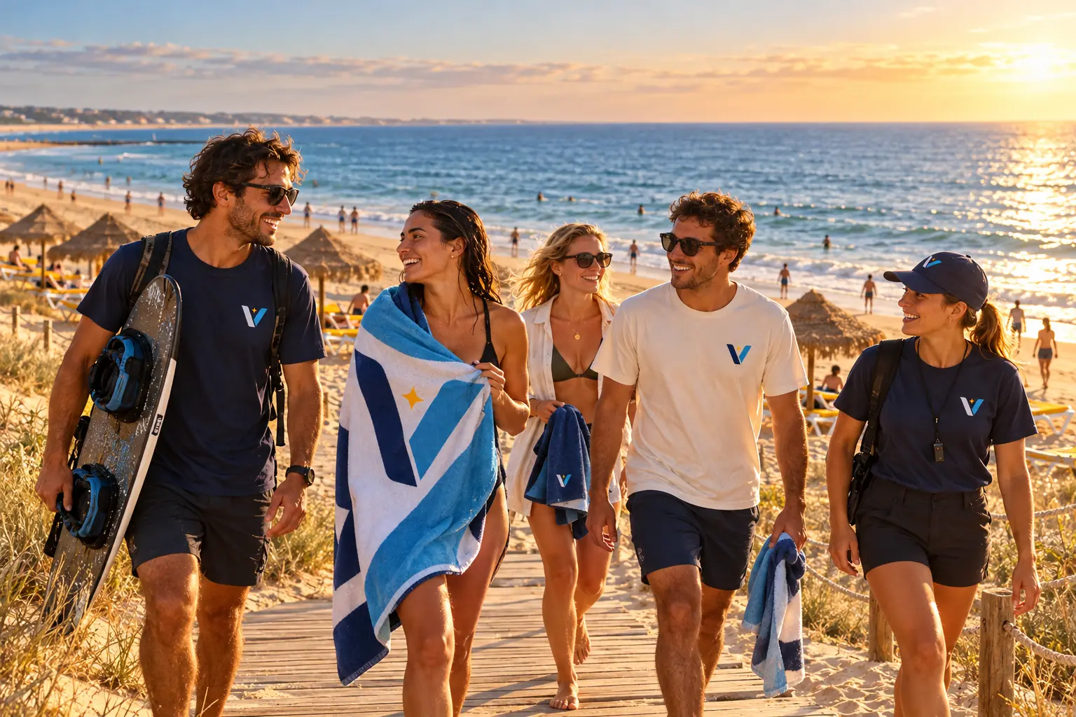 The crew walking with guests along the beach path, with a board and towels