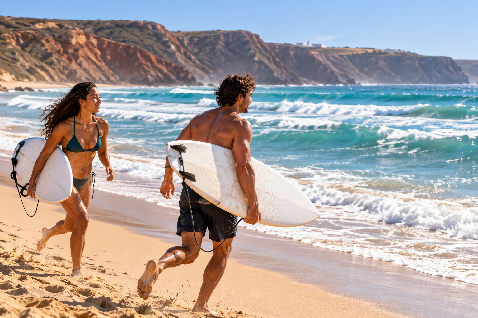 A couple running into the surf with their boards