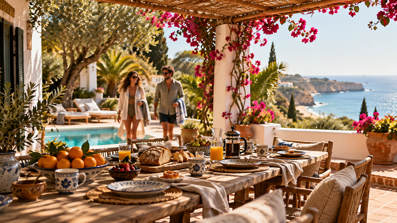 Breakfast on a sunny villa terrace above the Algarve coast