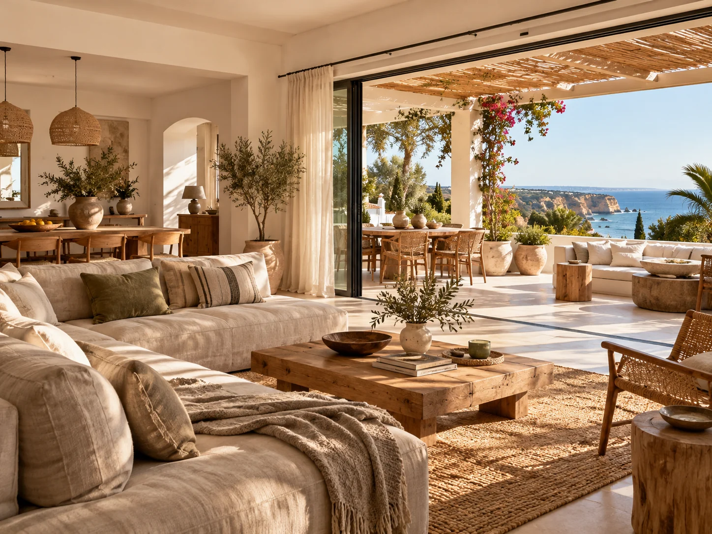 A bright villa living room opening onto the terrace