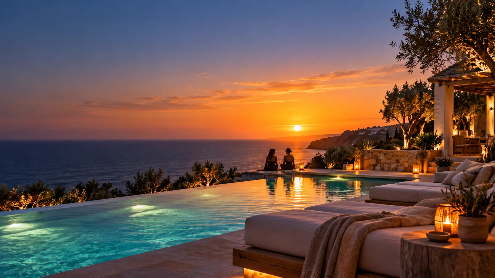 The villa pool at sunset