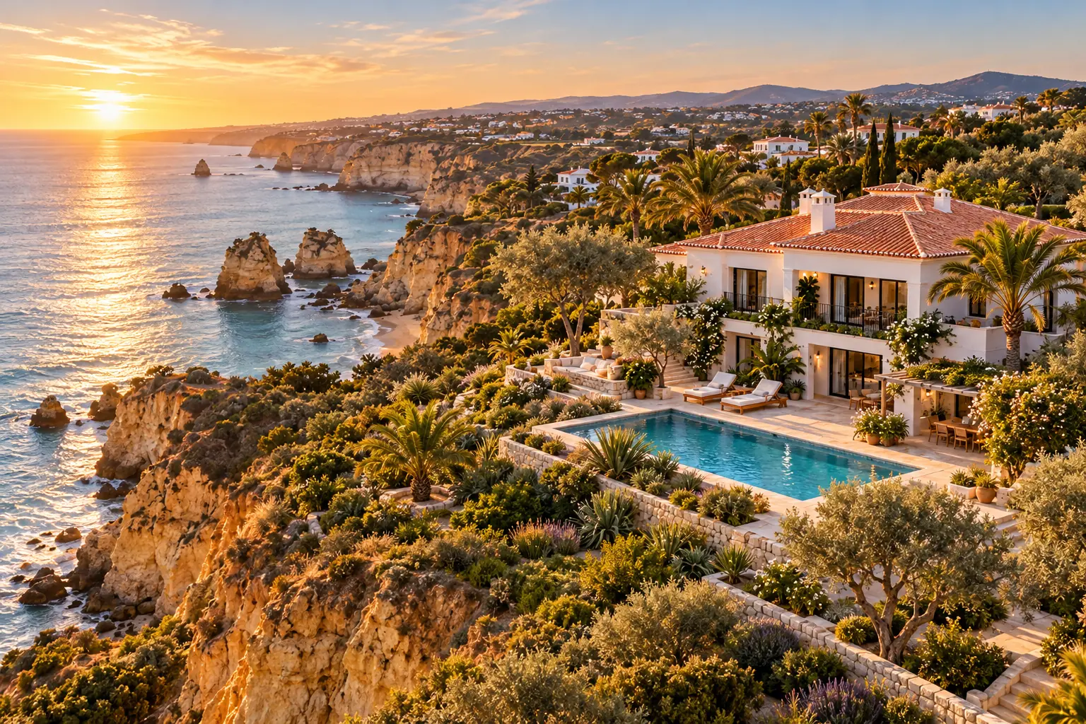 The villa with ten private bedrooms and its pool on the cliff above the Atlantic, seen from above