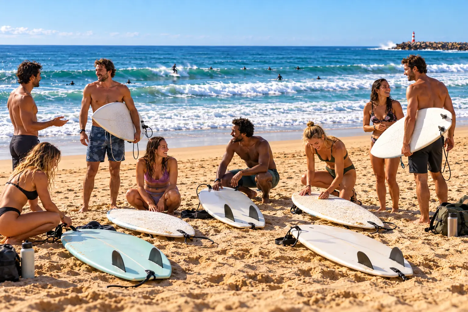Surfers waxing boards and checking leashes on the sand at Meia Praia, with the lineup behind