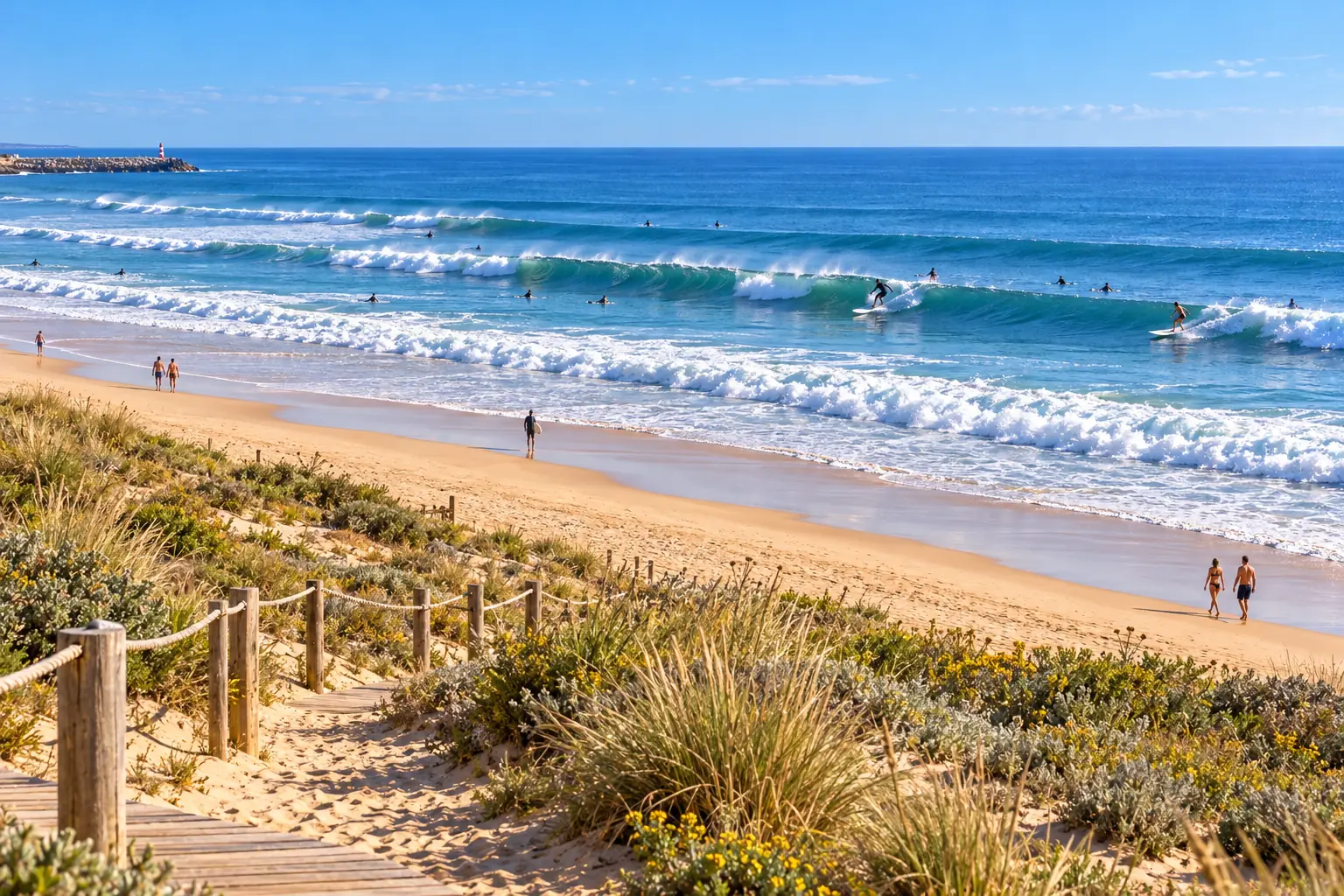 Surfers in the lineup off a long Algarve beach, seen from the dunes above Meia Praia